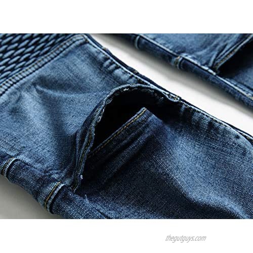 HiLY Mens Ribbed Jeans Stretch Straight Fit Denim Pants Washed Biker Distressed Destroyed Jeans