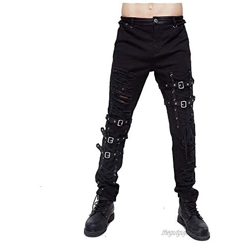 Hip hop Tactical Lace Hole Belt Pants for Men Gothic Clothing Black Skinny Jeans Steampunk Trousers