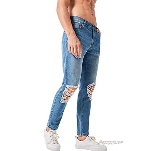 LONGBIDA Men's Straight Fit Jeans Holes Ripped Pants