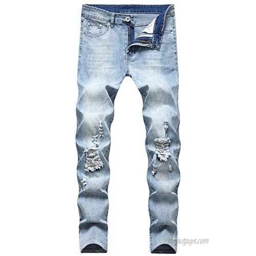 Lu's Chic Men's Ripped Jeans Skinny Denim Slim Fit Tapered Destroyed Hole Distressed Pockets