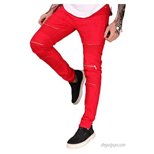 Men's Skinny Fit Fashion Ripped Distressed Moto Biker Stretch Slim Fit Denim Jeans Pants Red
