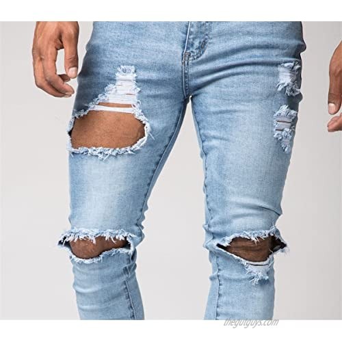 Men's Vintage Skinny Fit Destroyed Cotton Denim Jeans with Knee Open Rips