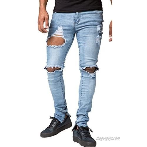 Men's Vintage Skinny Fit Destroyed Cotton Denim Jeans with Knee Open Rips