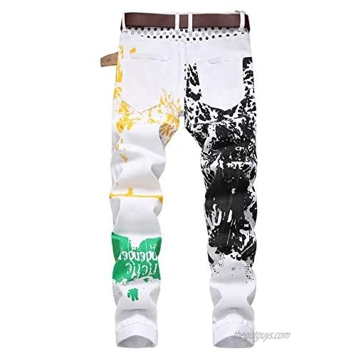 PRIZED Colorful Paint Mens Jeans High Stretch Straight Fit Slim Skinny White Jeans Pants for Men