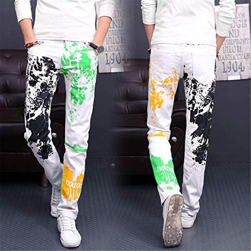 PRIZED Colorful Paint Mens Jeans High Stretch Straight Fit Slim Skinny White Jeans Pants for Men