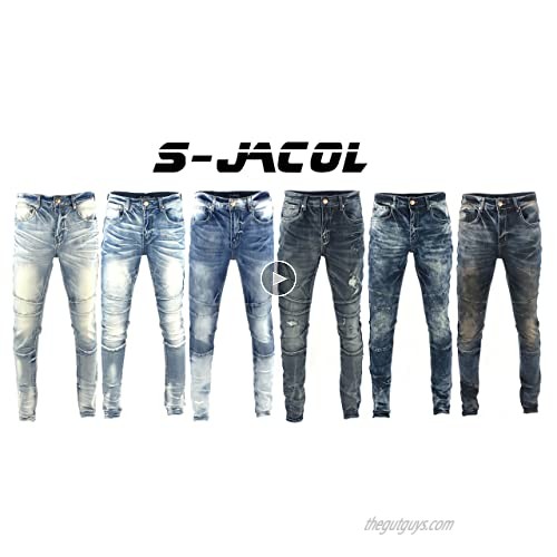 S-JACOL Men's Denim Jeans Skinny Stretch Pleats Vintage Long Pant with Outside Tape