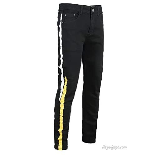 Tebreux Men's Casual Jeans Slim Fit Black Stretch Denim Pants Trousers with Side Stripes