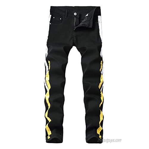 Tebreux Men's Casual Jeans Slim Fit Black Stretch Denim Pants Trousers with Side Stripes