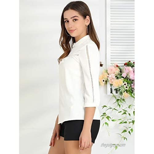 Allegra K Women's 3/4 Sleeve Mock Neck Lace Inset Office Shirt Blouse