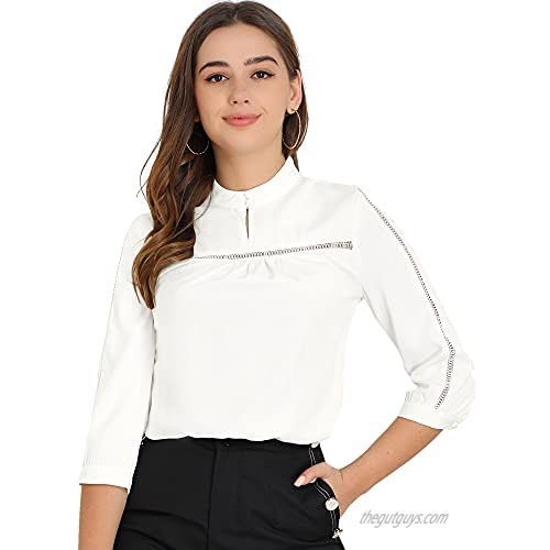 Allegra K Women's 3/4 Sleeve Mock Neck Lace Inset Office Shirt Blouse