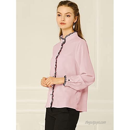 Allegra K Women's Chiffon Button Down Shirt Blouse Work Stand Collar Ruffle Neck Long Sleeve Top
