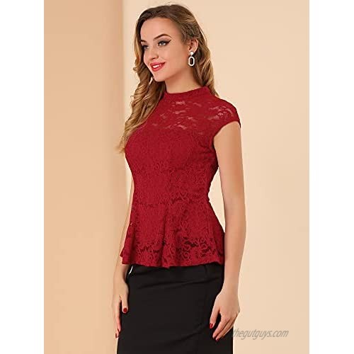 Allegra K Women's Crochet Peplum Floral Crochet Mock Neck Tops Cap Sleeve Red Lace Blouse