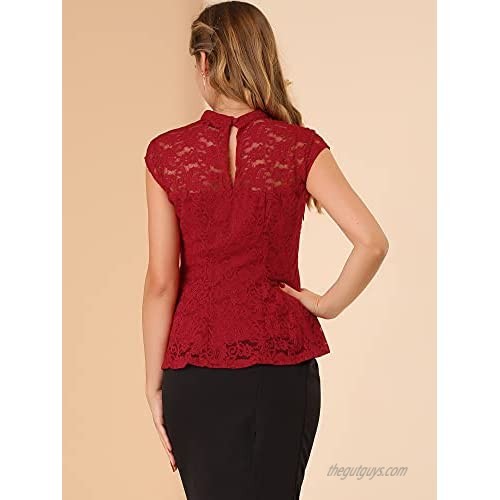 Allegra K Women's Crochet Peplum Floral Crochet Mock Neck Tops Cap Sleeve Red Lace Blouse