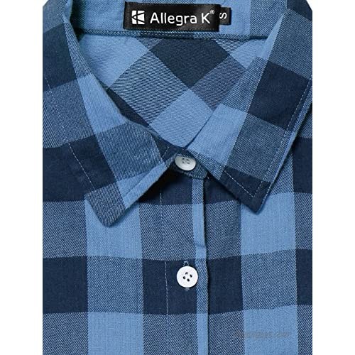Allegra K Women's Gingham Boyfriend Roll Up Sleeves Buttoned Up Plaids Shirt