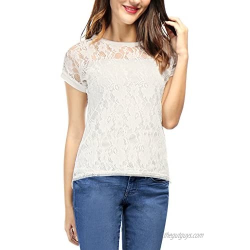 Allegra K Women's See Through Curved Hem Short Sleeves Sheer Floral Lace Top