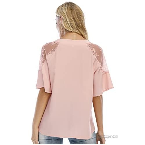 Anbenser Womens Button Down Blouse V Neck Short Sleeve Loose Top Lace Shirts