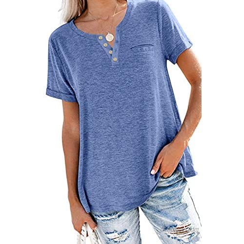 Angerella Womens V Neck T Shirts Roll Up Sleeve Tops Casual Loose Tees with Pocket
