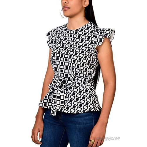 ARNALDO WOMENSWEAR Women's Patterned Scoop Neck Sleeveless Button Fly Regular Fit Stretch Casual Blouse Top Shirt
