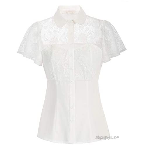 Belle Poque Women's Elegant Sheer Lace Tops 1950s Vintage Ruffle Sleeve Collared Shirts Tops