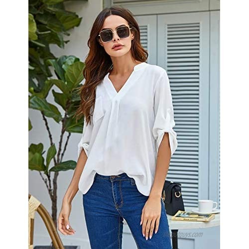 Beyove Blouses for Women Roll-Up 3/4 Sleeve Shirt Tunic V Neck Casual Office Loose Tops S-XXL