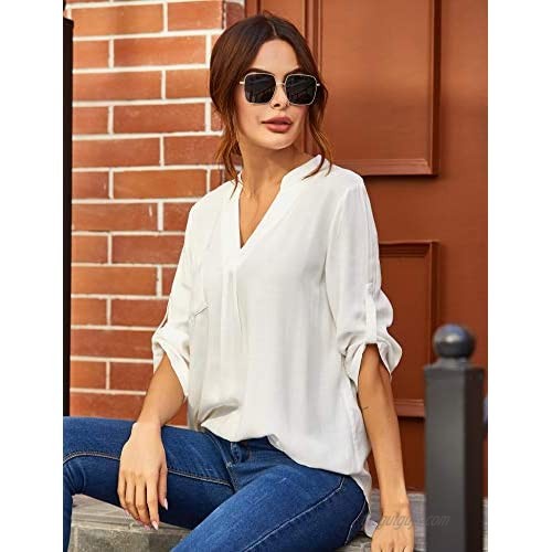 Beyove Blouses for Women Roll-Up 3/4 Sleeve Shirt Tunic V Neck Casual Office Loose Tops S-XXL