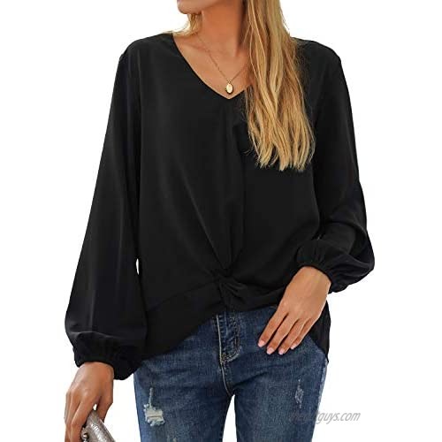 BMJL Women's Long Puff Sleeve Tops Going Out Fall V Neck T Shirts Knotted Casual Chiffon Blouse Tees