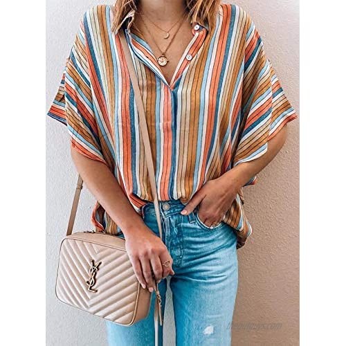 Dokotoo Blouses for Women Casual V Neck Short Sleeve Womens Tops and Blouse for Work Fashion Button-Down Shirts