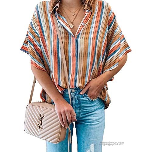 Dokotoo Blouses for Women Casual V Neck Short Sleeve Womens Tops and Blouse for Work Fashion Button-Down Shirts