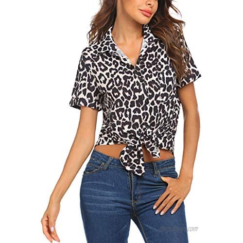 Halife Womens Short Sleeve Shirts V Neck Chiffon Button Down Blouses Tops with Pockets