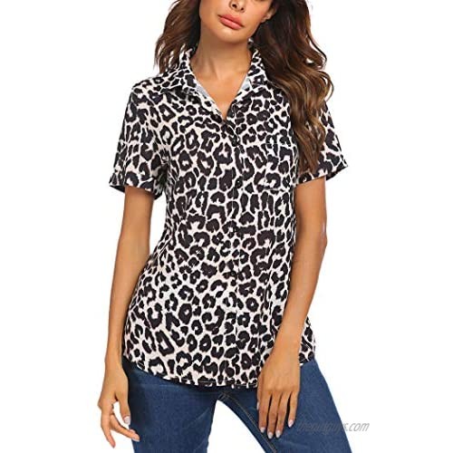 Halife Womens Short Sleeve Shirts V Neck Chiffon Button Down Blouses Tops with Pockets