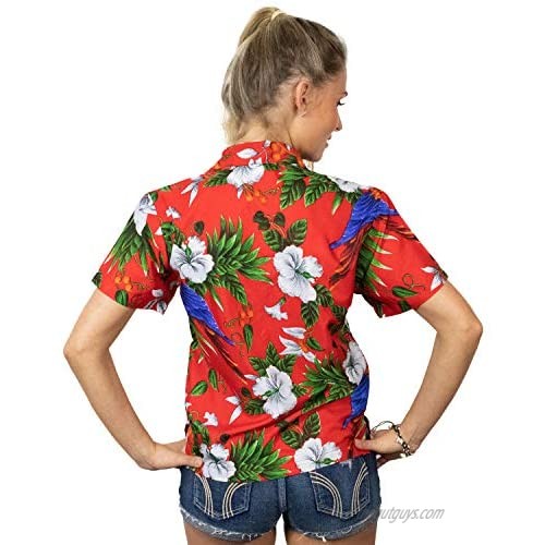 Hawaiian Blouse Shirt for Women Funky Casual Button Down Very Loud Shortsleeve Cherry Parrot