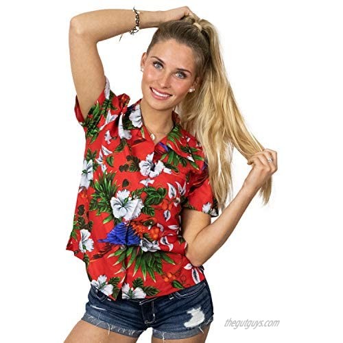 Hawaiian Blouse Shirt for Women Funky Casual Button Down Very Loud Shortsleeve Cherry Parrot