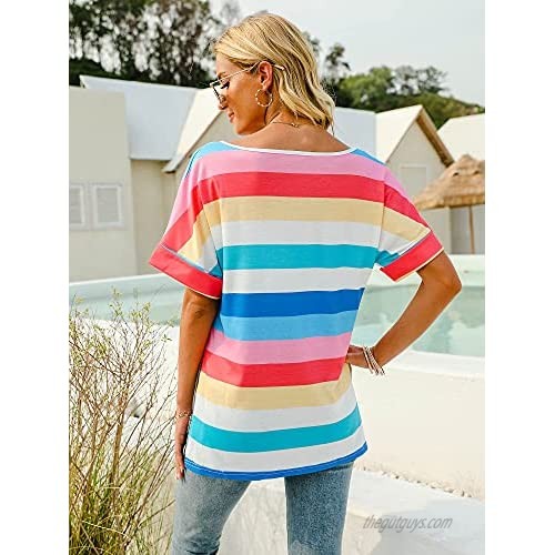 Hibluco Womens T Shirts V Neck Short Sleeve Tshirts Loose Fit Summer Tops Side Split