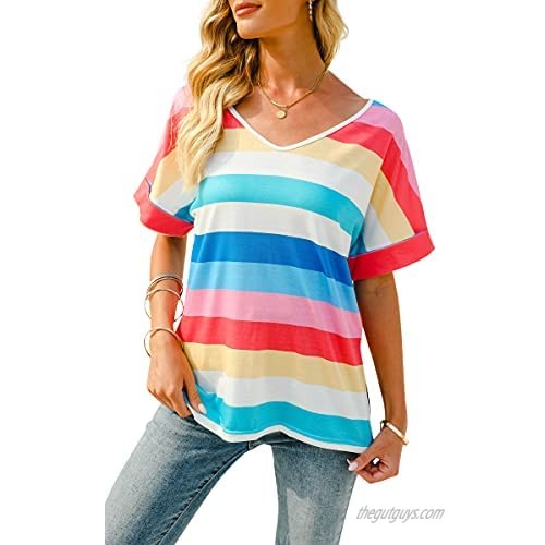 Hibluco Womens T Shirts V Neck Short Sleeve Tshirts Loose Fit Summer Tops Side Split