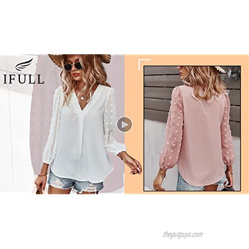 IFULL V Neck Blouse Women Lantern Long Sleeve Chiffon Blouse Tops Shirts Casual Top
