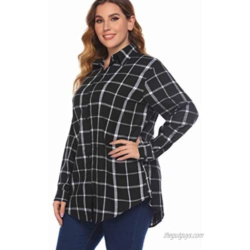 IN'VOLAND Womens Plus Size Flannel Plaid Shirt Roll Up Long Sleeve Mid-Long Button Down Shirts Casual Boyfriend Tops(16W-28W)