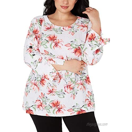 JM Collection Plus Size Textured Printed Button-Sleeve Top