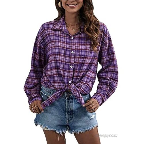 Laobee Women's Button Down Long Sleeve Loose Summer Plaid Flannel Shirt Blouse Top