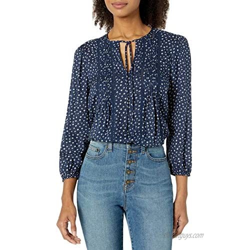 Lucky Brand Women's Long Sleeve Printed V Neck Pleated Popover Top