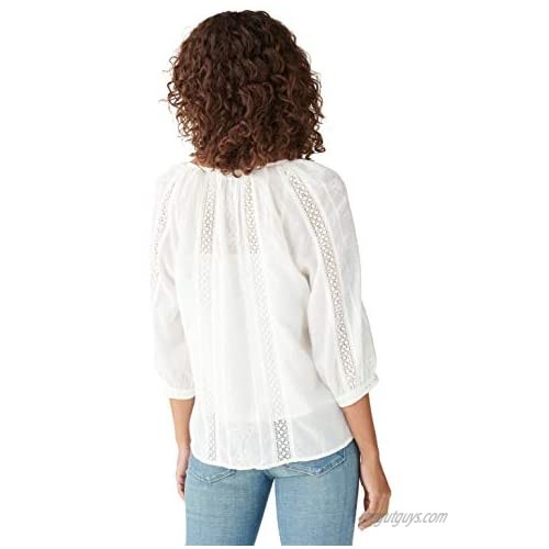 Lucky Brand Women's Puff Sleeve Button Up Lace Inset Embroidered Blouse