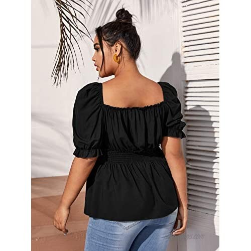 MakeMeChic Women's Plus Size Ruched Bust Shirr Puff Sleeve Peplum Blouse Top