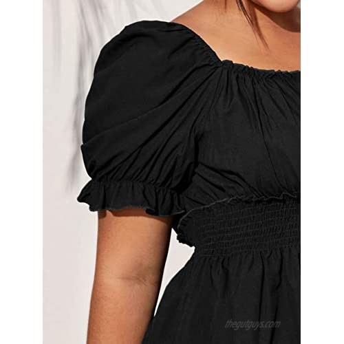 MakeMeChic Women's Plus Size Ruched Bust Shirr Puff Sleeve Peplum Blouse Top