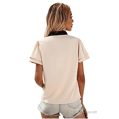 Milumia Women's Layered Ruffle Sleeve Notched V Neck Work Office Blouse Shirt Top