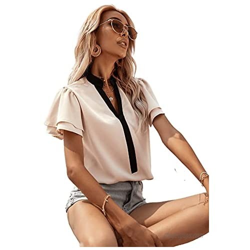 Milumia Women's Layered Ruffle Sleeve Notched V Neck Work Office Blouse Shirt Top