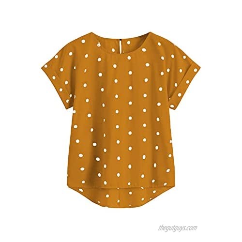 Milumia Women's Polka Dots Rolled up Short Sleeve High Low Hem Work Blouse Top