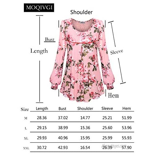 MOQIVGI Womens Long Sleeve Scoop Neck Button Trim Pleated Layered Floral Blouse Tops