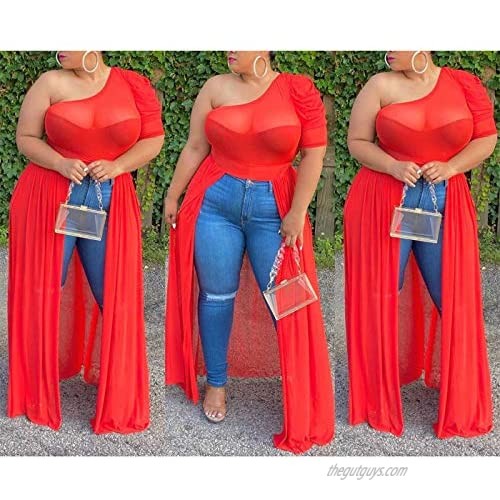 Plus Size High Low Tops for Women - Mesh See Through Puff Sleeve One Off Shoulder Asymmetrical Tunic Shirt Dresses