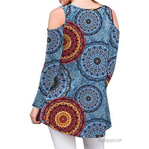 PrinStory Women's Long Sleeve Floral Print Casual Cold Shoulder Tunic Tops Loose Blouse Shirts Floral Print Mix Blue-US Medium