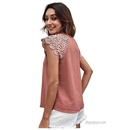Romwe Women's Contrast Guipure Lace Short Sleeve Plain Casual Blouse Tops Shirts