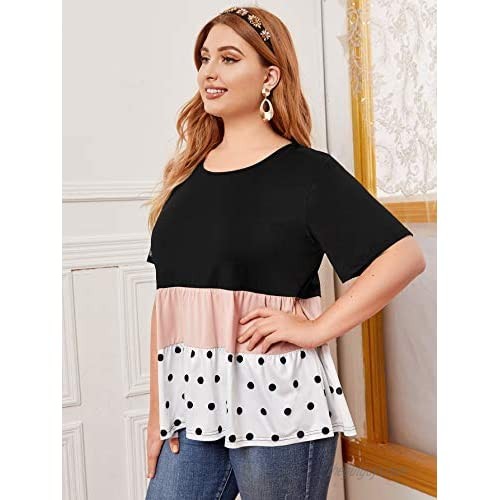 Romwe Women's Plus Size Casual Short Sleeve Colorblock Polka Dots Ruffle Peplum Tops Shirts